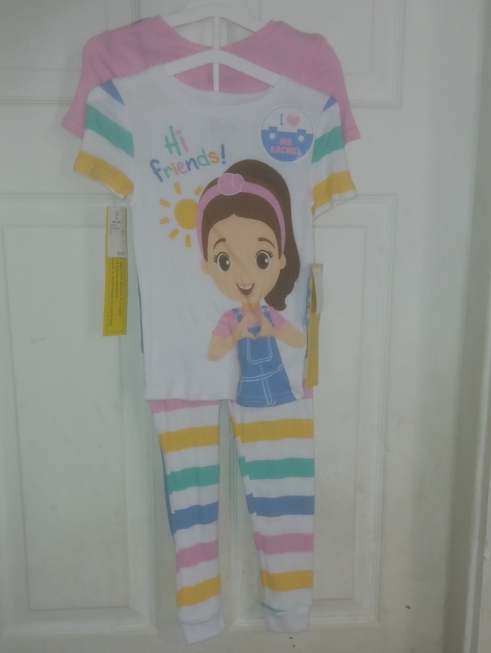 Rachel White Pajama Set with Pink, Yellow, Green & Blue Stripes and Character